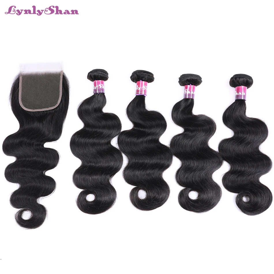 

LynlyshanHair Brazilian Body Wave With Closure 100% Remy Human Hair 4 Bundles With 4*4 Free Middle Three Part Lace Closure