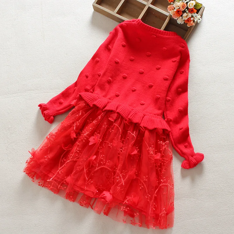 

Fashion Girls Dress 2018 New Winter Dresses Children Clothing Princess Dress Pink Long Sleeve Wool Flower Kids Girls Clothes