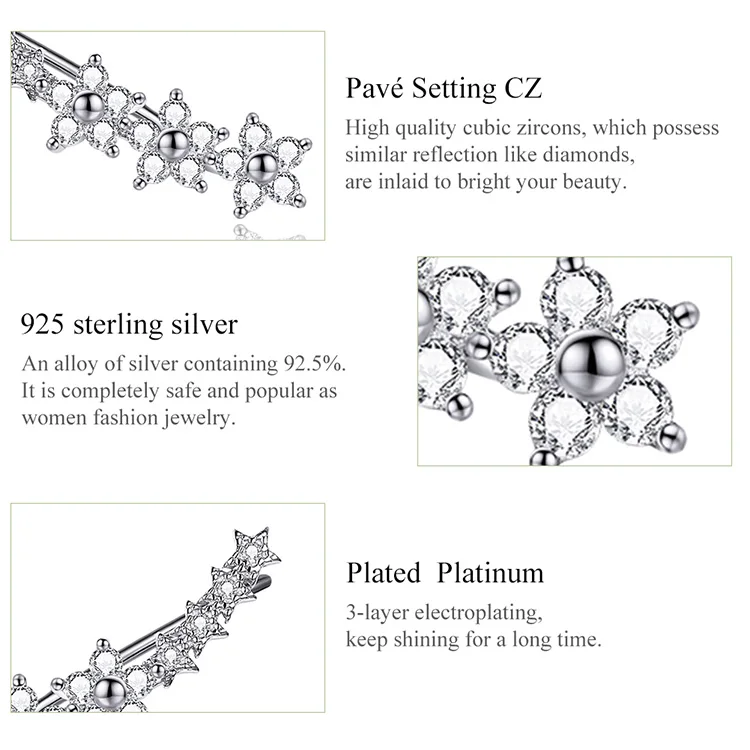 BISAER женские серьги-гвоздики из 925 пробы серебра со снежинками и цветами женские ювелирные изделия из стерлингового серебра ECE712