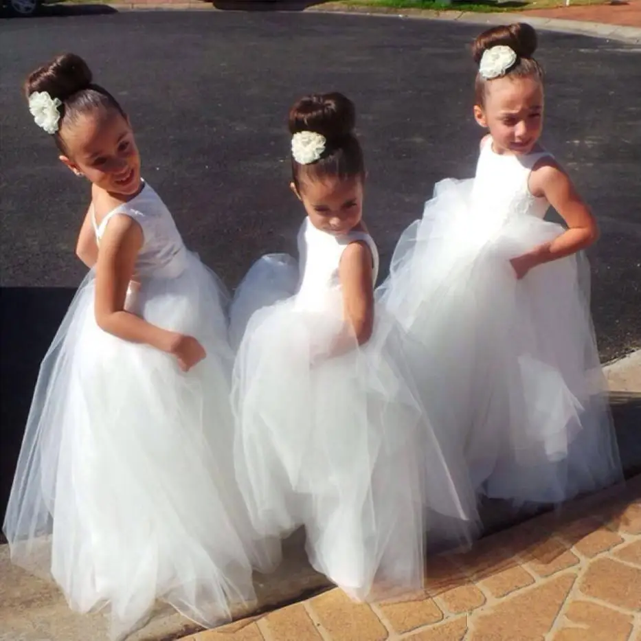 White Flower Girl Dresses For Weddings Ball Gown High Collar Tulle