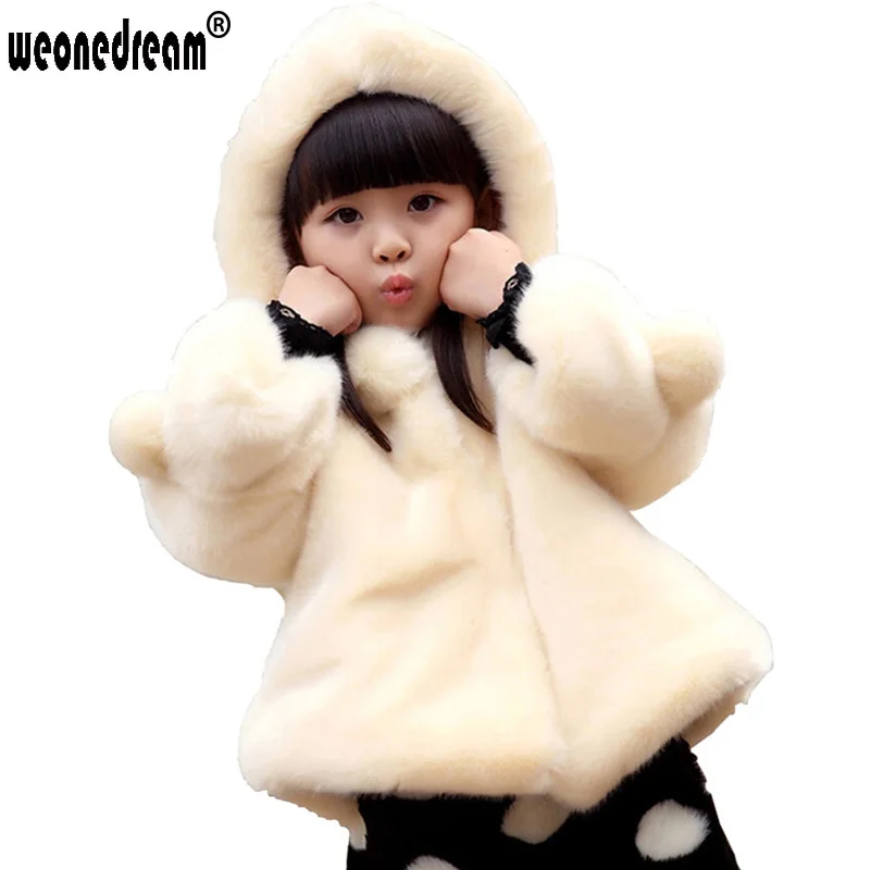 

Winter Girls Faux Fur Coat Cute Solid Hooded Wool Cardigans Outerwear for Girls Warm Rabbit Fleece Jackets Coat Kids Clothes