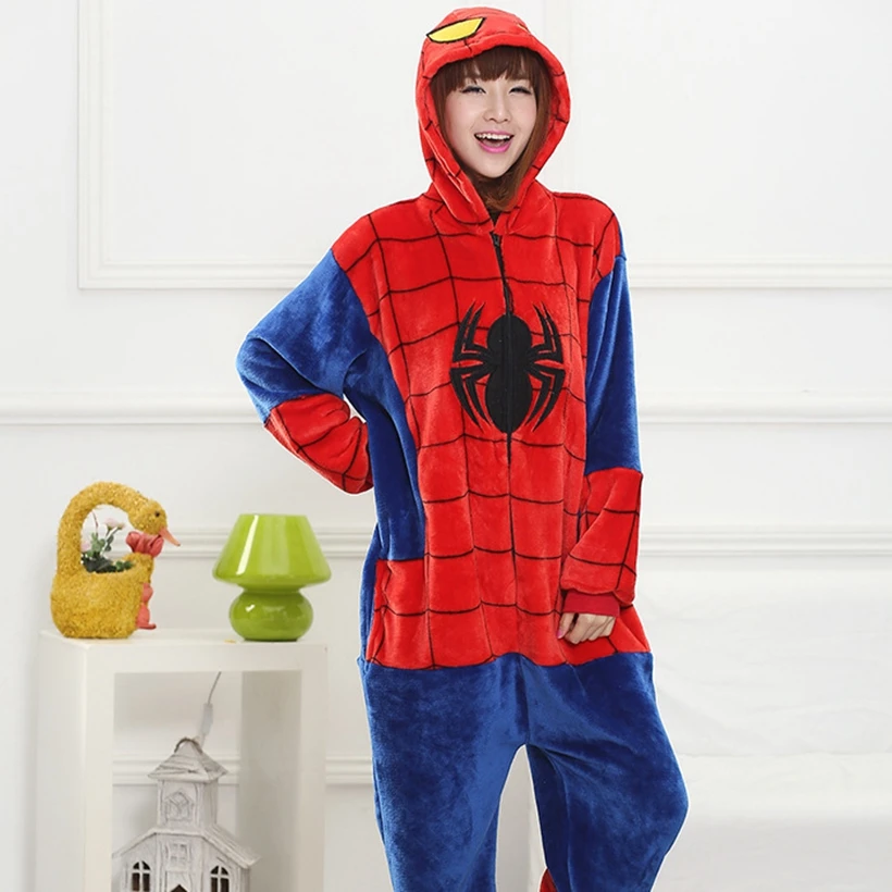 

Women Kigurumi Red Spiderman Pajamas Sets Flannel Hood Animal Pajamas Adult Winter Onesies Nightie Pyjamas Sleepwear Homewear