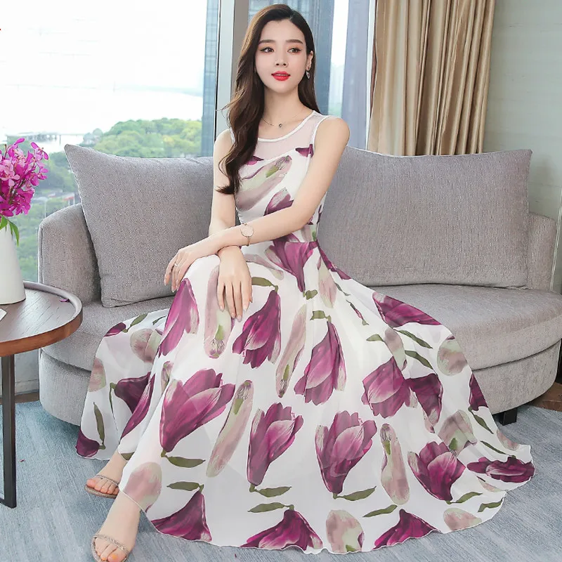 

Chiffon High Elastic Waist Party Dress A-line Women Short Sleeve Flower Print Floral Bohemian Dresses Female Vestido Plus Size