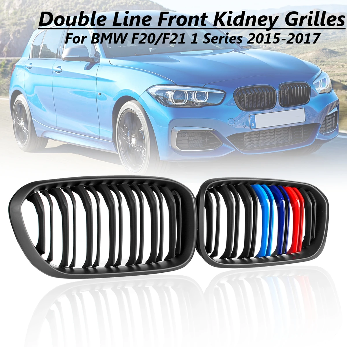 

1 Series 2015 2016 2017 Matte Black M Color Front Kidney Grilles for BMW F20 F21 Twin Bar 2 Slat Line Car Front Bumper Grille
