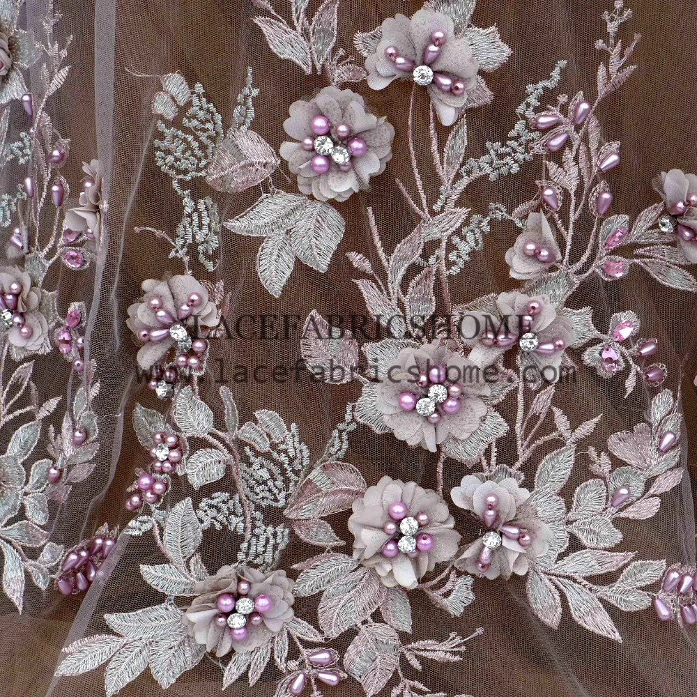

1yard New fashion style yellow/beige/gray pink heavy beads 3d flowers on netting embroidery wedding dress lace fabric