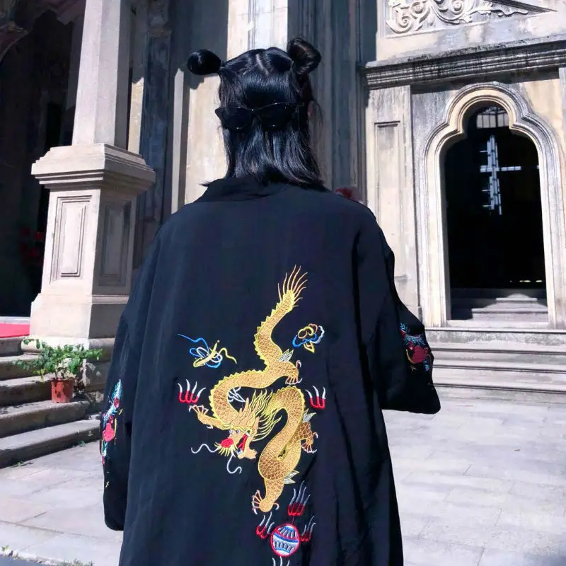 

NiceMix Embroidery Dragon Gothic Harajuku Streetwear Kimono Tie Belt Long Jacket Korean Windbreaker Coat Summer Outwear Japan