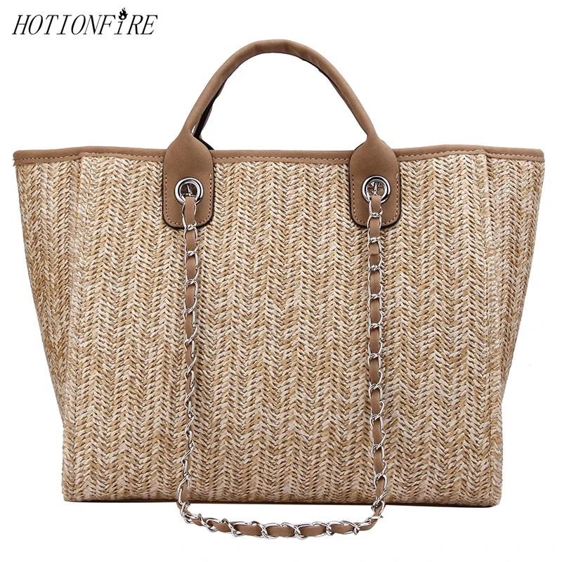 Women's Summer Bag New Style Large Capacity Chain One Shoulder Fashion Luxury Designer Simple Grass Woven Totes Handbag | Багаж и