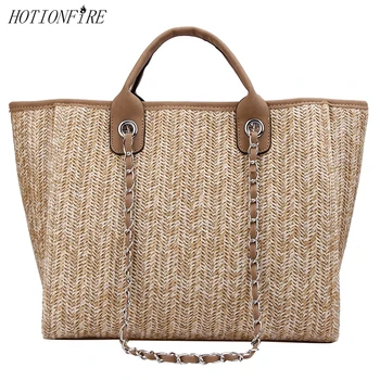 

Women's Summer Bag New Style Large Capacity Chain One Shoulder Fashion Luxury Designer Simple Grass Woven Bag Totes Handbag