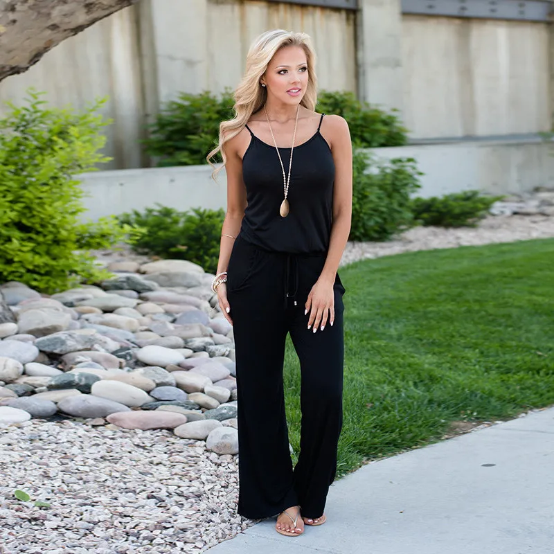 

Women Spaghetti Strap Sexy Off Shoulder Jumpsuits Sleeveless Black Loose Casual Rompers 2019 Summer Female Solid Color Jumpsuit