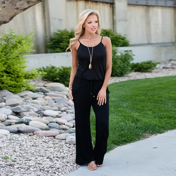 

Women Spaghetti Strap Sexy Off Shoulder Jumpsuits Sleeveless Black Loose Casual Rompers 2020 Summer Female Solid Color Jumpsuit