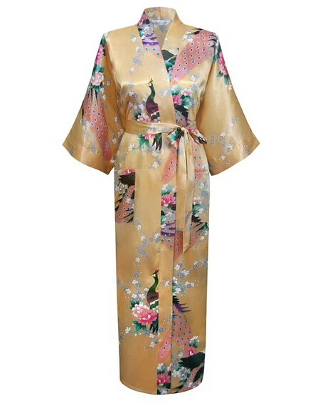 Белые женские Модные павлина длинное кимоно Банный халат ночная сорочка Платье Халат юката пижамы с поясом размеры s m l xl XXL, XXXL - Цвет: gold