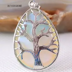 Серебряный цвет Древо жизни капли воды натуральный камень бисера светло-голубой опал цепочки и ожерелья кулон 1 шт. K447