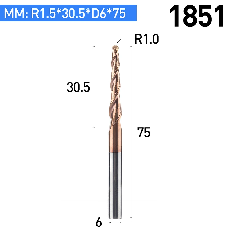 Huhao 1 шт. HRC55 конические сферическим концом вольфрама твердого сплава с покрытием Конические конуса ЧПУ фреза d4-d10mm гравировка бит - Длина режущей кромки: 1851