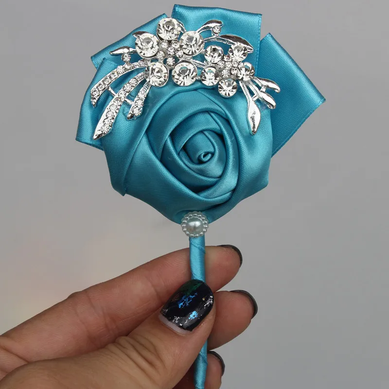 Бургундия атласная роза Свадебный корсаж для жениха бутоньерка DIY кристалл брошь свадебное украшение невесты best для человека XH001-4 - Цвет: lake blue