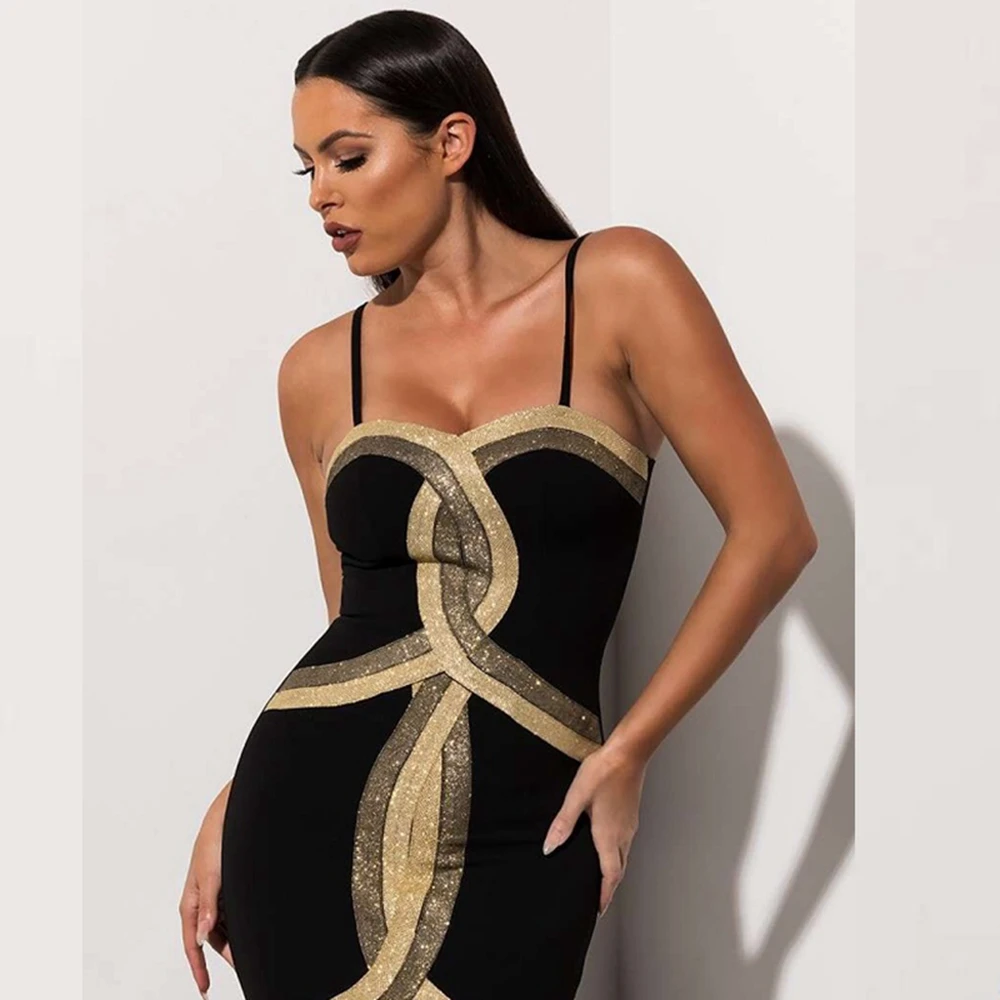 

Elegant Black With Gold Spaghetti Strap Bandage Dress Celebrity Backless Vestdos 2019 Sexy Summer V Neck Bodycon Clunwear Festa