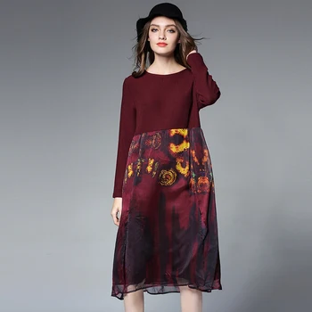 

2017 Autumn Winter Dress plus size chiffon patchwork Dresses woman black office lady casual loose all match basic winter dress