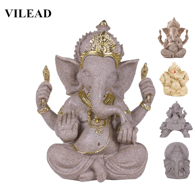 

VILEAD Nature Sandstone Indian Ganesha Figurine Religious Hindu Elephant God Statues Fengshui Elephant-Headed Buddha Sculpture
