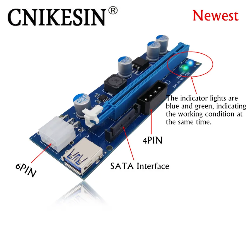 

New VER006C PCIE Express Mining Riser Card 1x to 16x USB 3.0 Data Cable SATA to 6Pin+4Pin IDE Molex Power Supply With LED Light