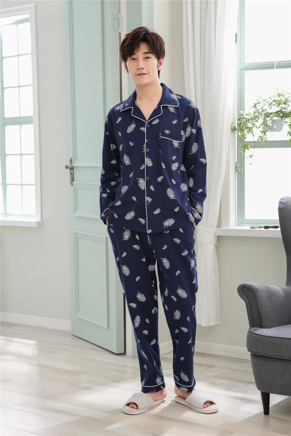 Yuzhenli новые осенние зимние мужские пижамы хлопок отложной воротник принт мужские пижамы Толстая теплая Домашняя одежда Плюс XXXL