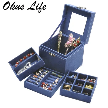 

Fashion Small Velvet Three Layers Jewelry Storage Box with Bronze Handle Portable Multi-functional Necklace Rings Jewelry Boxes