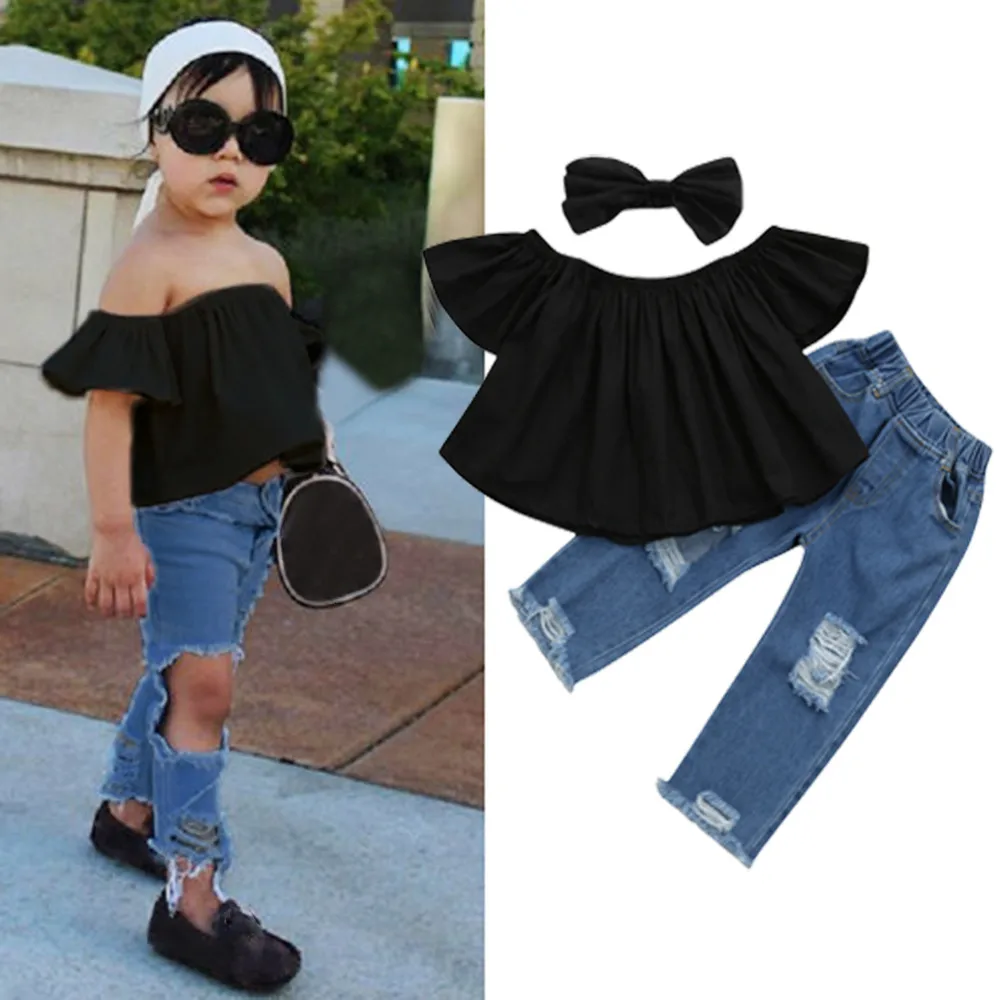 

Baby Off shoulder Crop Tops + Hole Denim Pant Jean Headband Toddler Kids Clothes 2019 NEW Drop Shipping