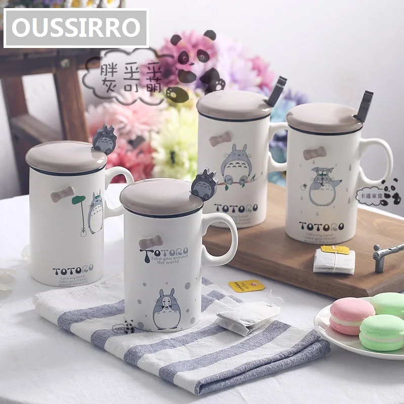 

OUSSIRRO 370ml Lovely TOTORO Theme Milk / Coffee Mugs With Cover and Spoon Pure Color Mugs Cup Kitchen Tool Gift