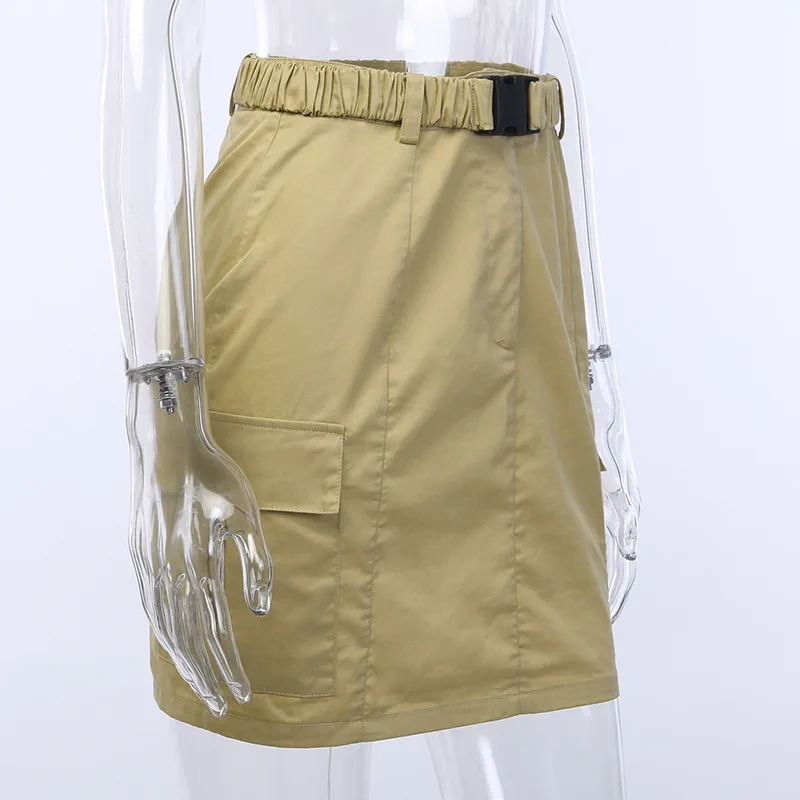 Летняя Сексуальная мини-юбка с ремнем и пряжкой, посылка на бедрах, женские облегающие вечерние юбки цвета хаки с карманами для тренировок и офиса