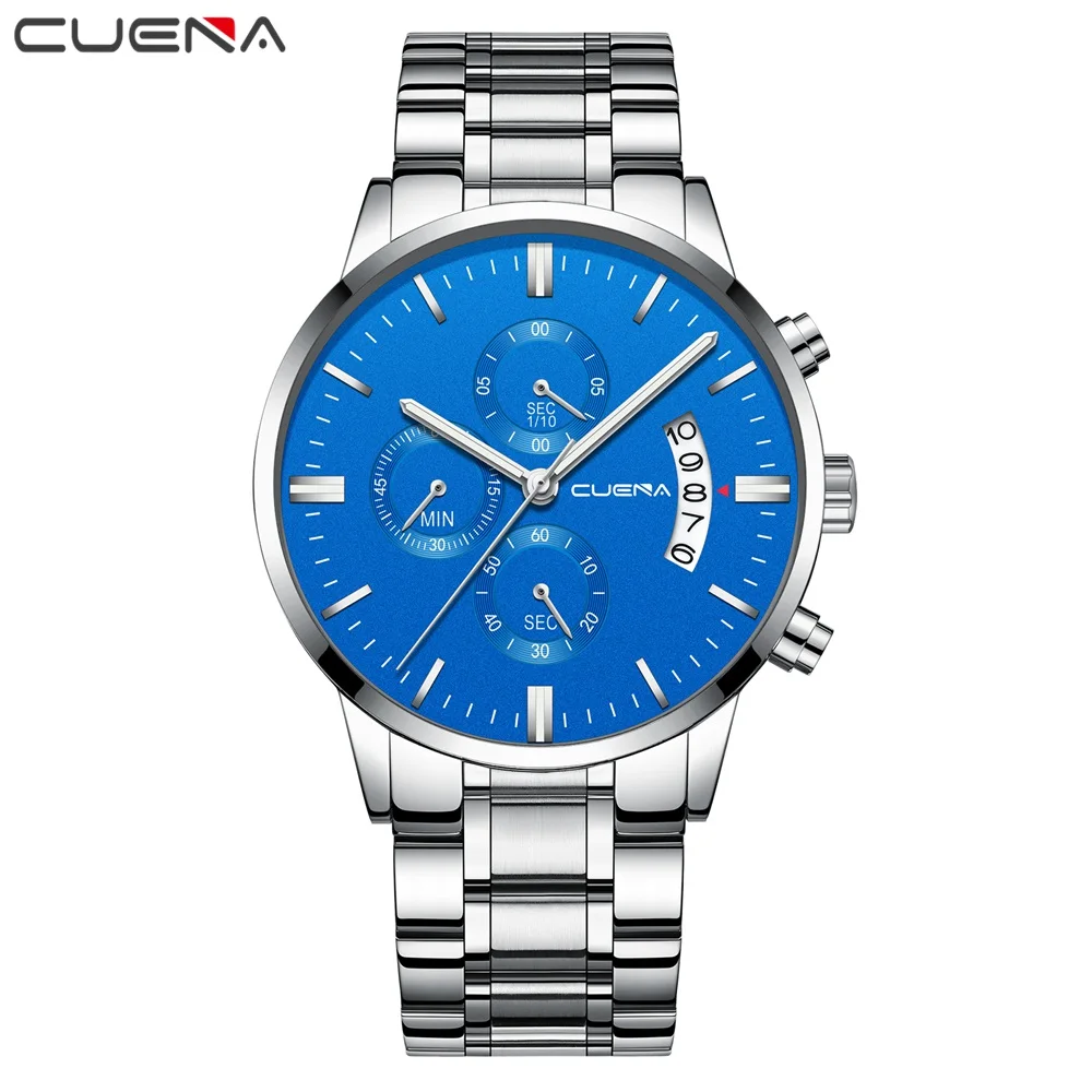 CUENA модные хронограф сталь часы для мужчин часы дисплей дата светящиеся кварцевые наручные часы Relogio Masculino Montre Homme - Цвет: silver blue
