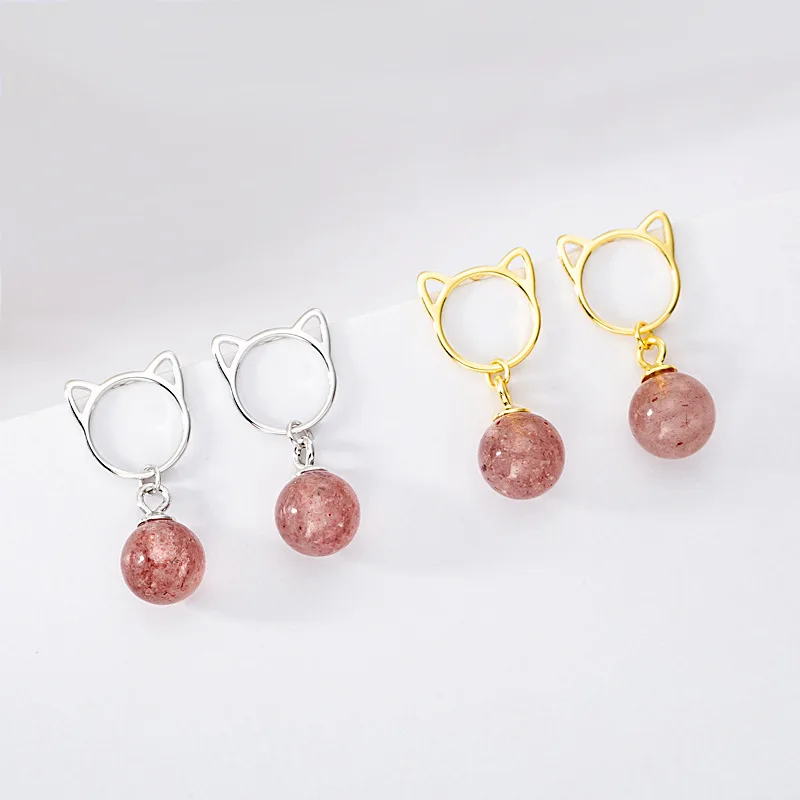 

100% Genuine 925 Sterling Silver Hollow Cat Head Strawberry Crystal Drop Earrings Jewelry Earrings For Women Earring Pendant