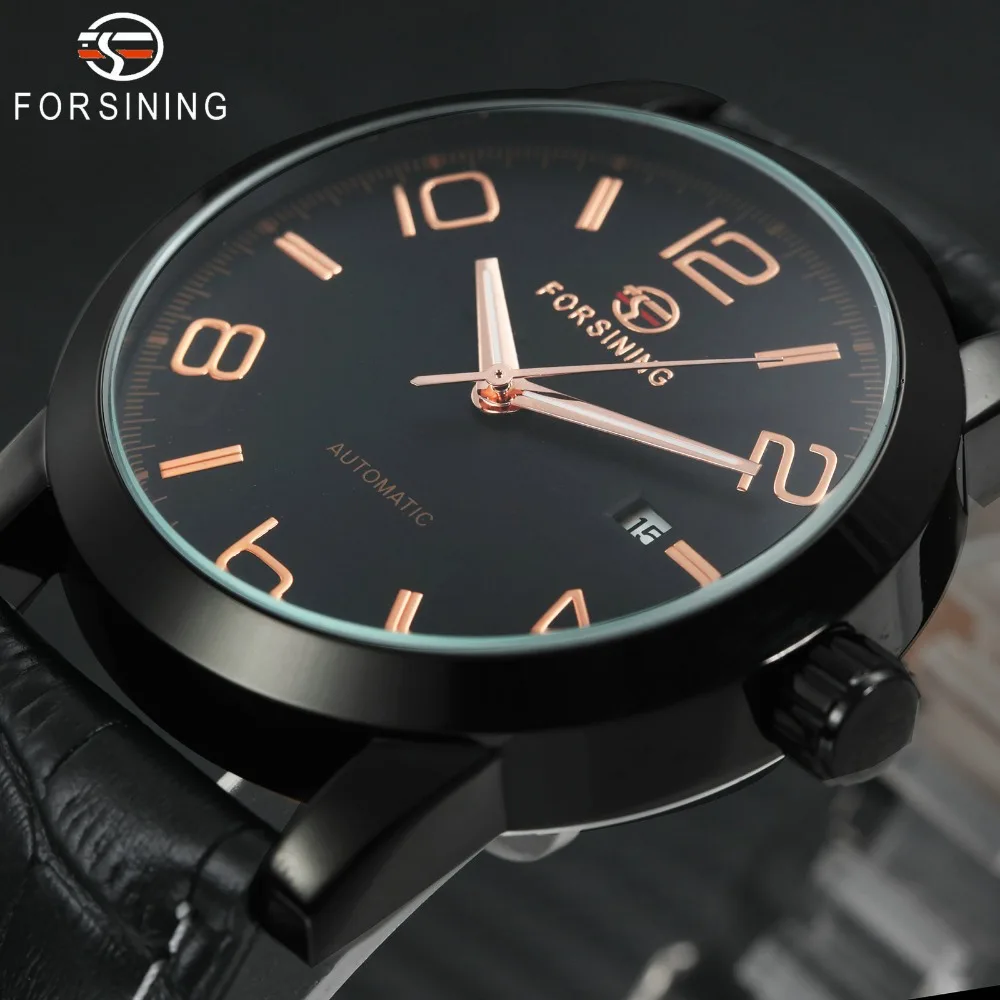 

FORSINING Business Men Automatic Wrist Watches Arabic Numerals Calendar Dial Leather Strap Fashion Black Men Mechanical Watches