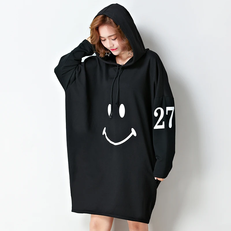 النساء الخريف الشتاء مقنعين البلوز مبتسم الوجه طويلة الأكمام منتصف طويلة زائد حجم فضفاض هوديس عارضة 2018 الأزياء المعتاد