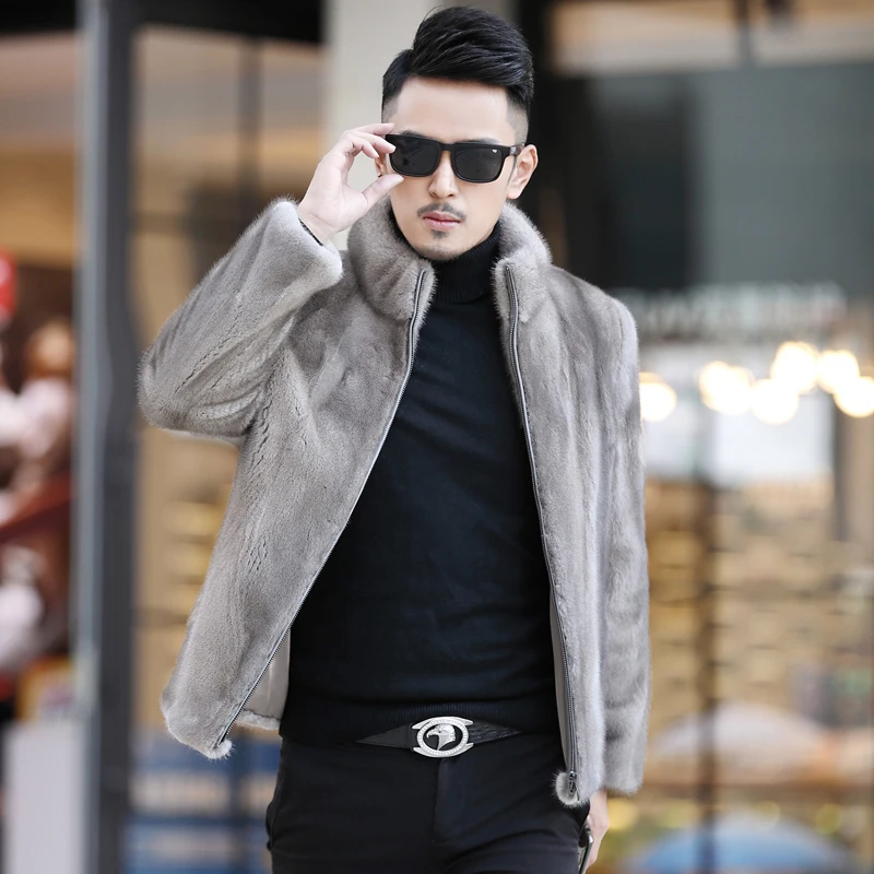 

2019 new men's short jacket winter warm water mink fur zipper men's fur coat stand collar fashion luxury mink fur men's jacket