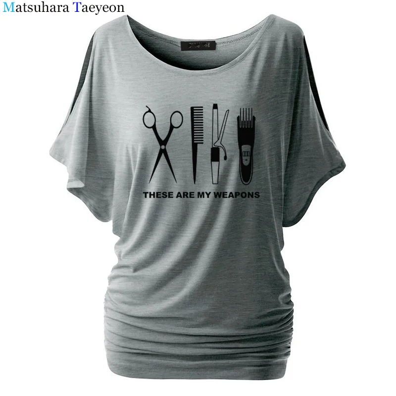 Женская футболка с рукавом «летучая мышь» и круглым вырезом, хлопковая Футболка с рисунком оружия для парикмахеров, женская футболка с ножницами, топы, одежда T90 - Цвет: 7
