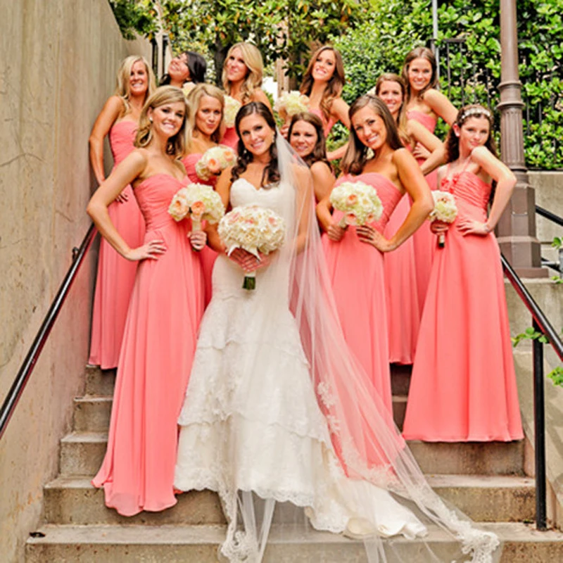 

New Arrival 2018 A-Line Floor Length Pleat Backless Sweetheart Chiffon Bridesmaid Gowns Lace Long Coral Bridesmaid Dresses