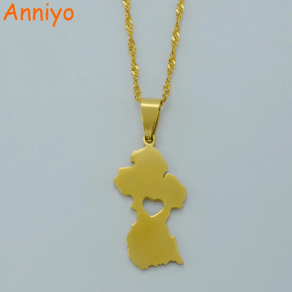 Anniyo Map of Guyana Pendant Necklace Women/Men Gold Color Guayana Jewelry Republic of Guyana #006221