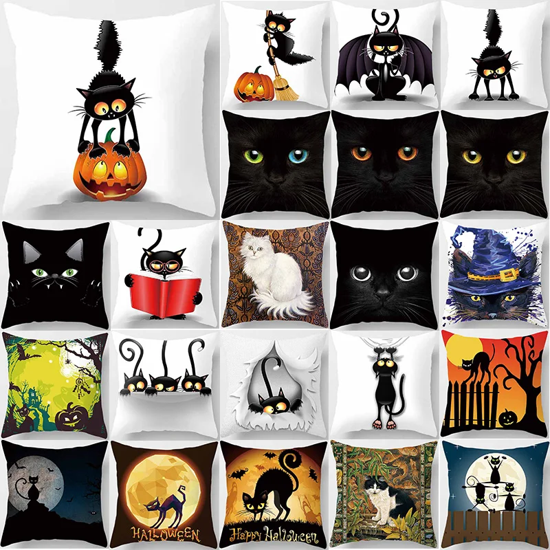 

Halloween funny cute cats pillow case two sides print pattern square pillow cases flower cat pattern pillow cover 60*60cm