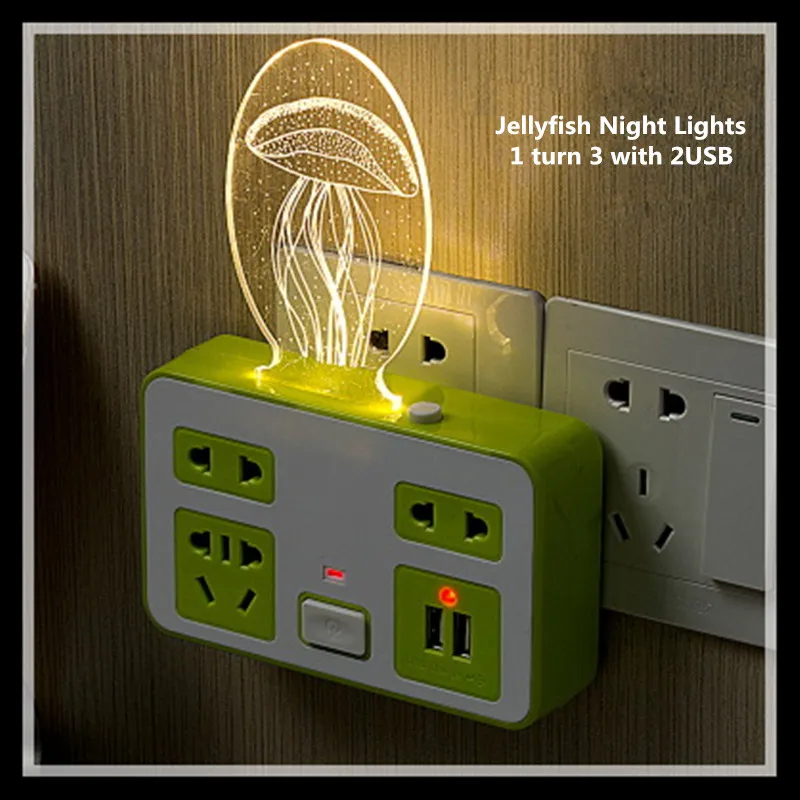 

Green jellyfish home wireless USB socket converter multi-purpose plug creative night light