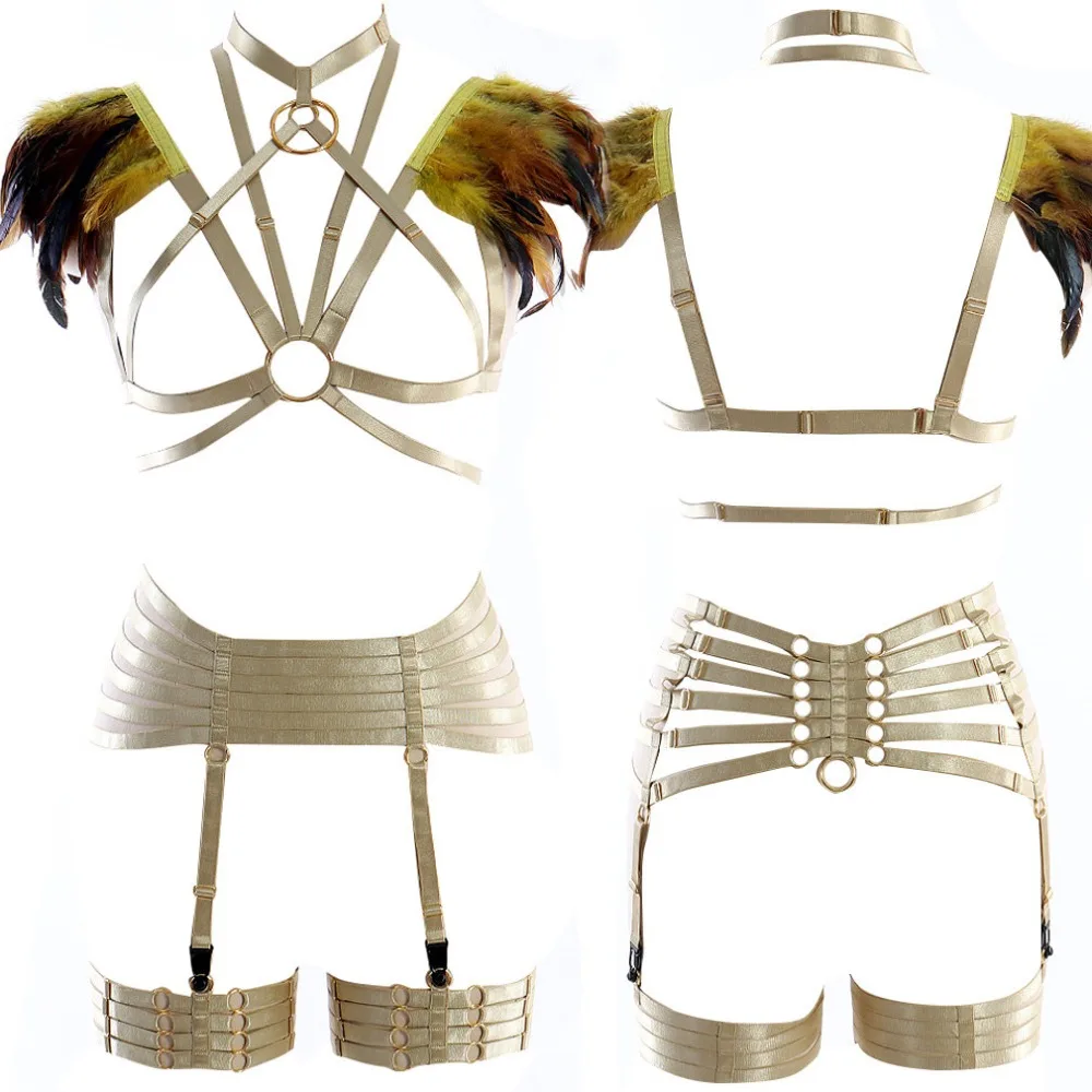 

Feathers Shoulder Epaulettes Full Body Harness Bra Set Harajuku Strappy Cage wings burning man Festival Rave Women Plus Size
