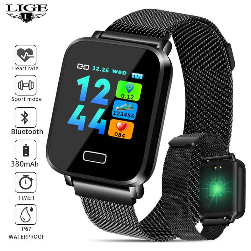 

LIGE Smart bracelet Blood Pressure Heart Rate Monitor Milanese Stainless Steel Smart band Sport Fitness tracker Smart bracelet