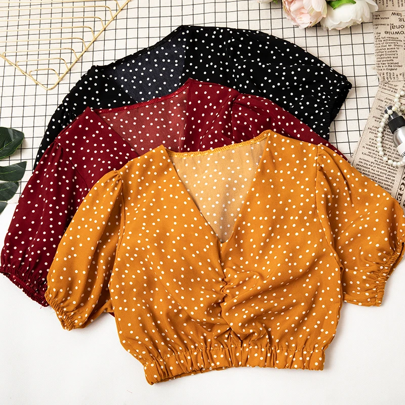 

HISUMA Women Summer V-neck Short Lantern Sleeve Shirt Casual Elastic Short Slim High Waist Polka Dot Chiffon Ruffles Blouse Tops