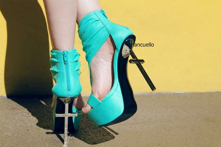 

New Trendy Design Light Green Strange Style Heels Short Boots Roman Style Women Open Toe Cross Heel Platform Sandal Booties