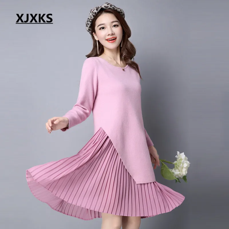 

New 2017 women sweaters and pullovers Round neck long sleeve dress female good quality fashion Fake two piece sweater