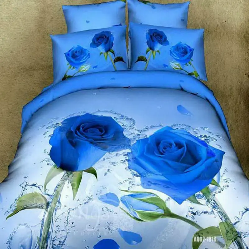 

3D Blue Rose Bedding Set Cotton 800TC 100% Cotton Double Queen King Size