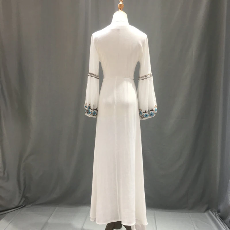 Хлопковое платье с вышивкой размера плюс, летнее платье с длинным рукавом и глубоким v-образным вырезом, белое винтажное платье макси в стиле бохо, шикарное женское платье для тяжелой промышленности