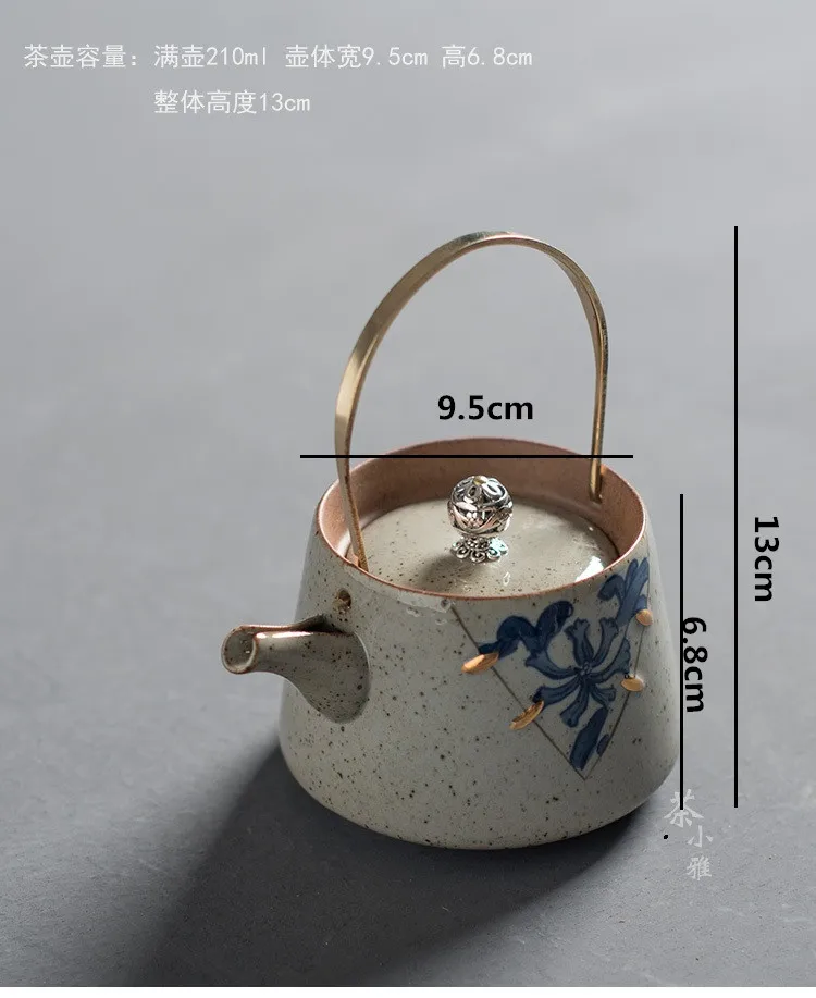 Blue-and-white jacquard pot imitates antique bronze handle pot to depict golden pottery and ceramics Characteristic Kung Fu Tea Set  0