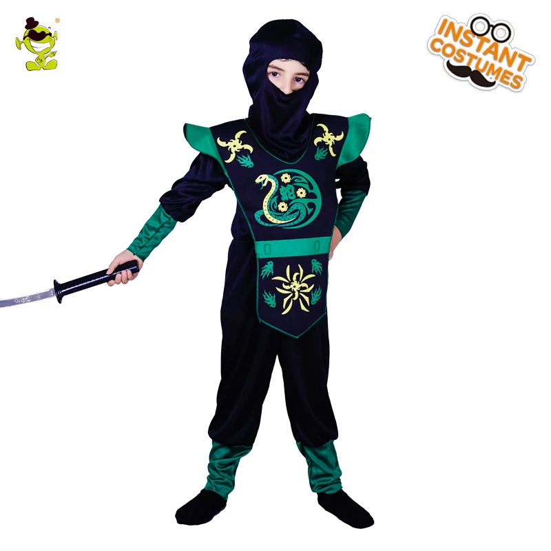 

Kid's Black Hooded Ninja Costume with Green Snake Print Assassin Cosplay Fancy Suit for Halloween Masquerade Party for Boys