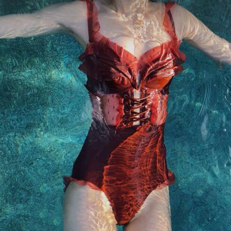 

One Piece Swimsuit 2019 Korea High Waist Padded Swimwear Women Bodysuits Sexy Backless Dot Mesh Lace Ruffles Beach Bathing Suit