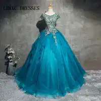Blue Quinceanera ชุดหวาน 16 ชุดสำหรับ 15 ปีชุดลูกไม้ลูกไม้ลูกไม้ลูกปัด Quinceanera ชุด Vestidos De 15 Anos