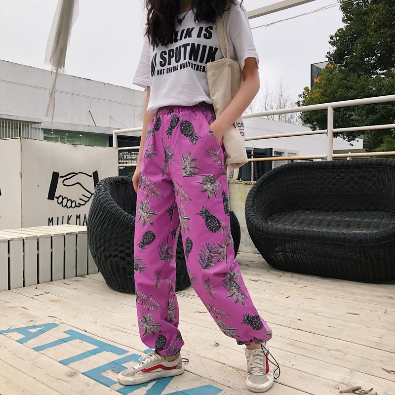 

Elastic High Waist Pineapple Plant Print Loose Harem Straight Drawstring Cargo Hip Hop Jogger Pant Streetwear Harajuku Korean