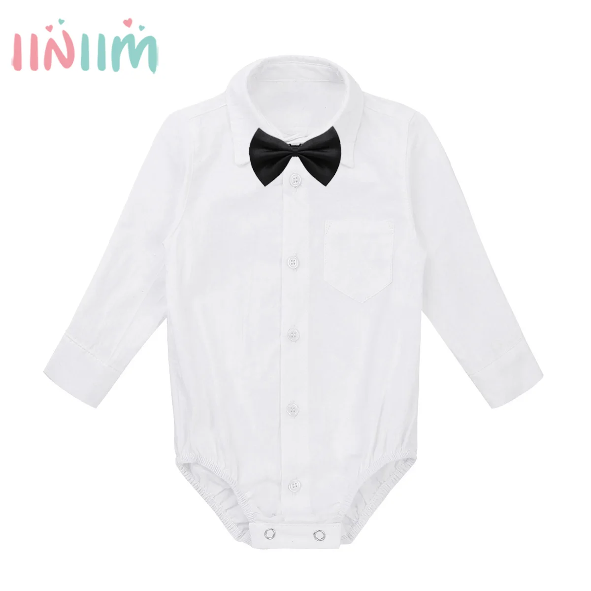 

3-24 Months Infantil Baby Boys Clothing Short/Long Sleeves Lapel Formal Gentleman Shirt Romper Jumpsuit with Black Bow Tie Set